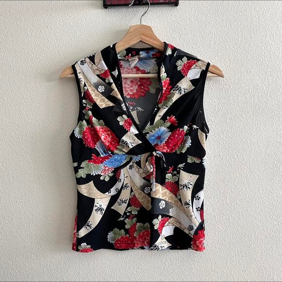 Vintage black floral print sleeveless top size L - Picture 5 of 8